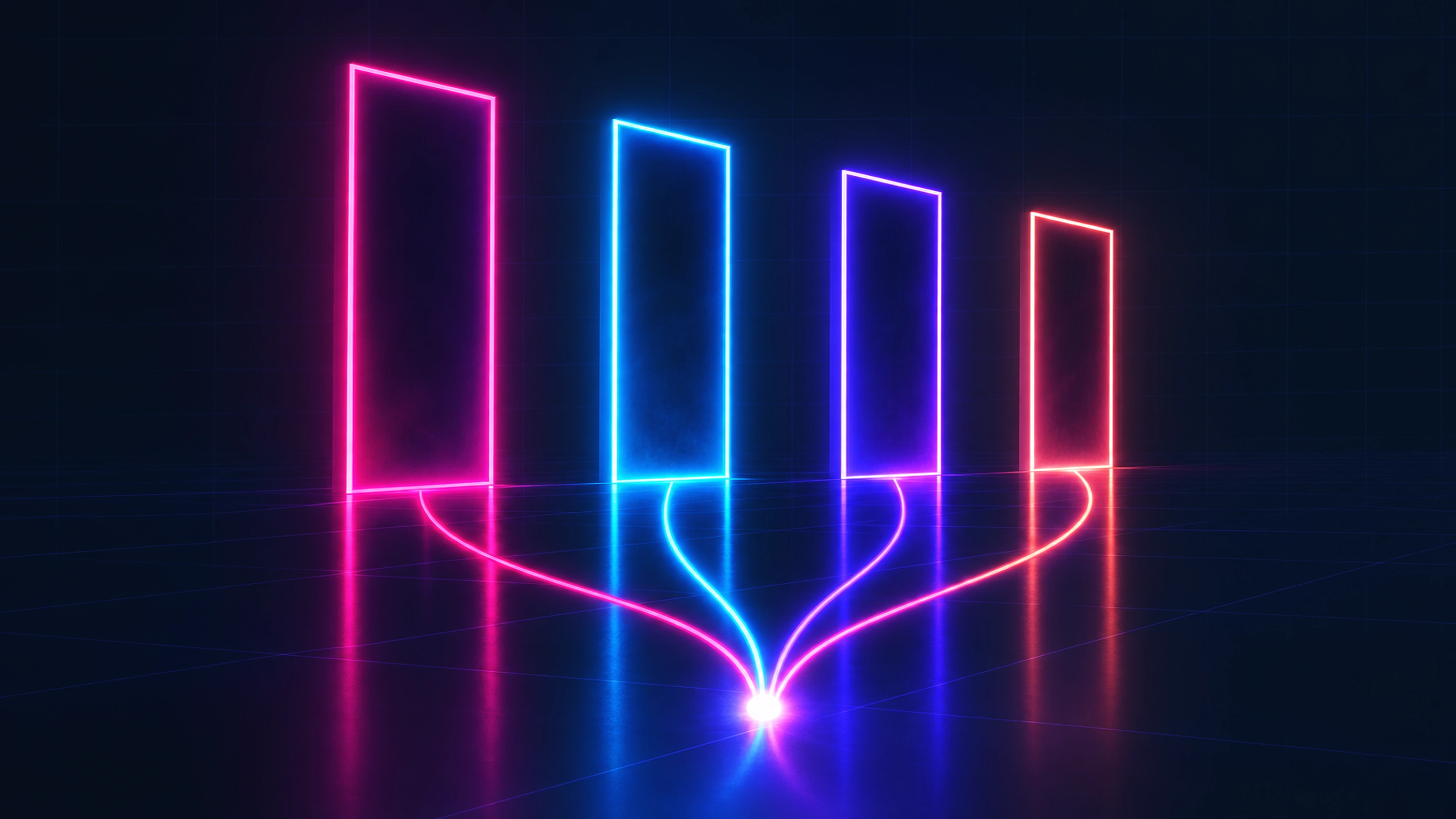 Strata intelligence: four neon pillars feeding a single point